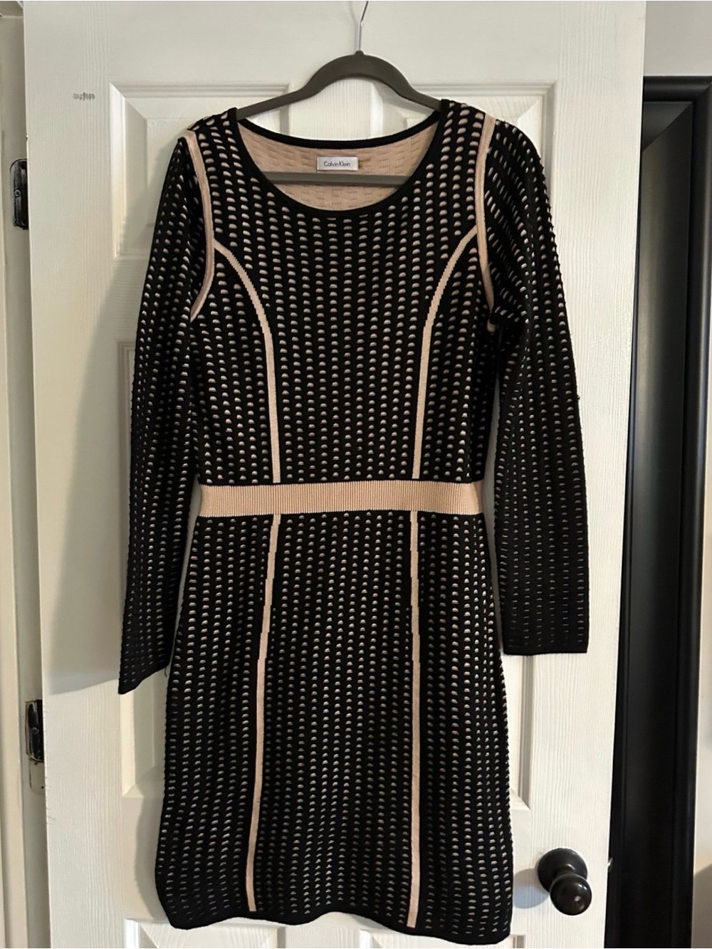 Calvin Klein Black and Beige Long-Sleeve Knit Dress